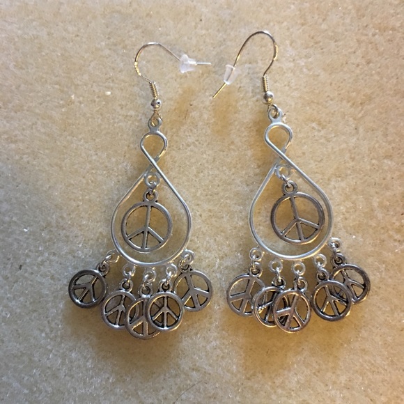 Handcrafted 1 1/2" LengthSterling Silver Peace Sign Earrings - Picture 2 of 3